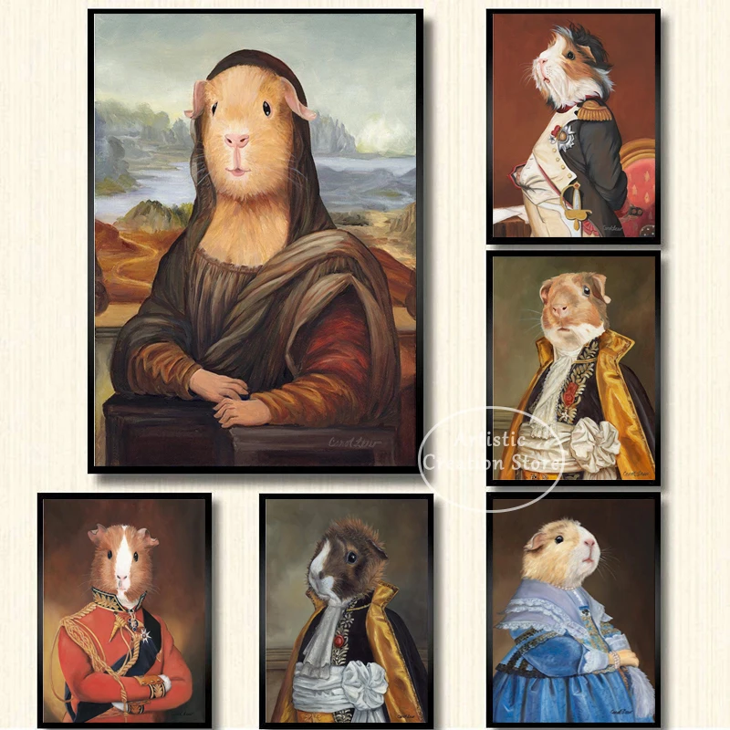 Mona Lisa Guinea Pig Prints Wall Poster Print Animals in Clothes Canvas Painting Art Pictures Living Room Home Cuadros Decor