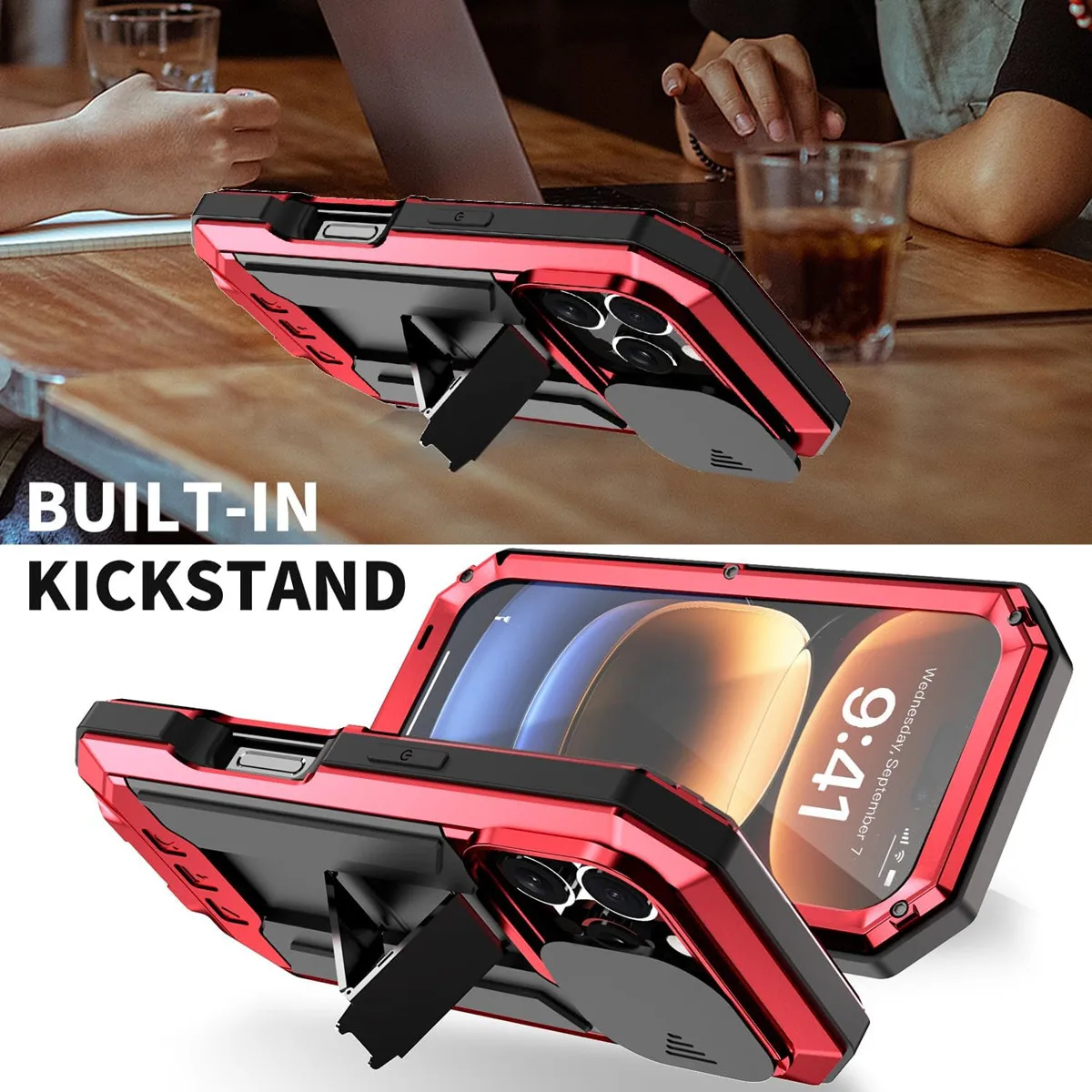 Military Heavy Duty Metal Case for iPhone 13 14 15 16 17 Pro Max Slide Camera Built-in Screen Protector Full Body Hybrid Cover