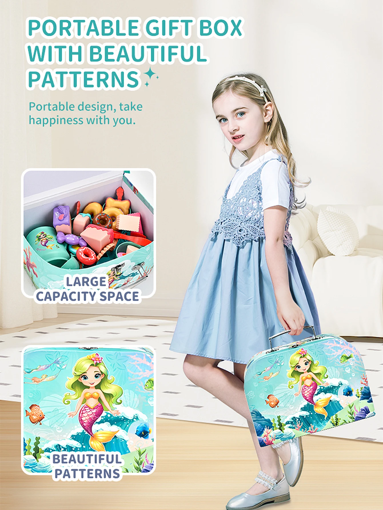 Juego de té de la tarde para niñas, juguete de té de la tarde de princesa sirena, juguetes de vestir para fiesta de té, caja de regalo portátil de pastel de postre simulado