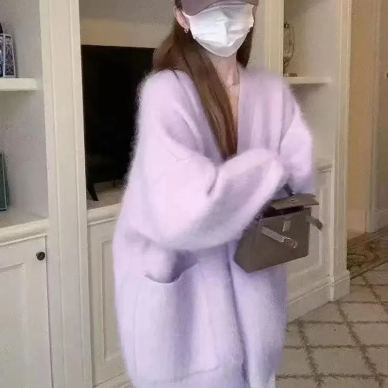 

Фиолетовый синтетический норковый открытый кардиган, женский осенне-зимний новый стиль, нежный корейский ленивый вязаный свитер средней длины для женщин