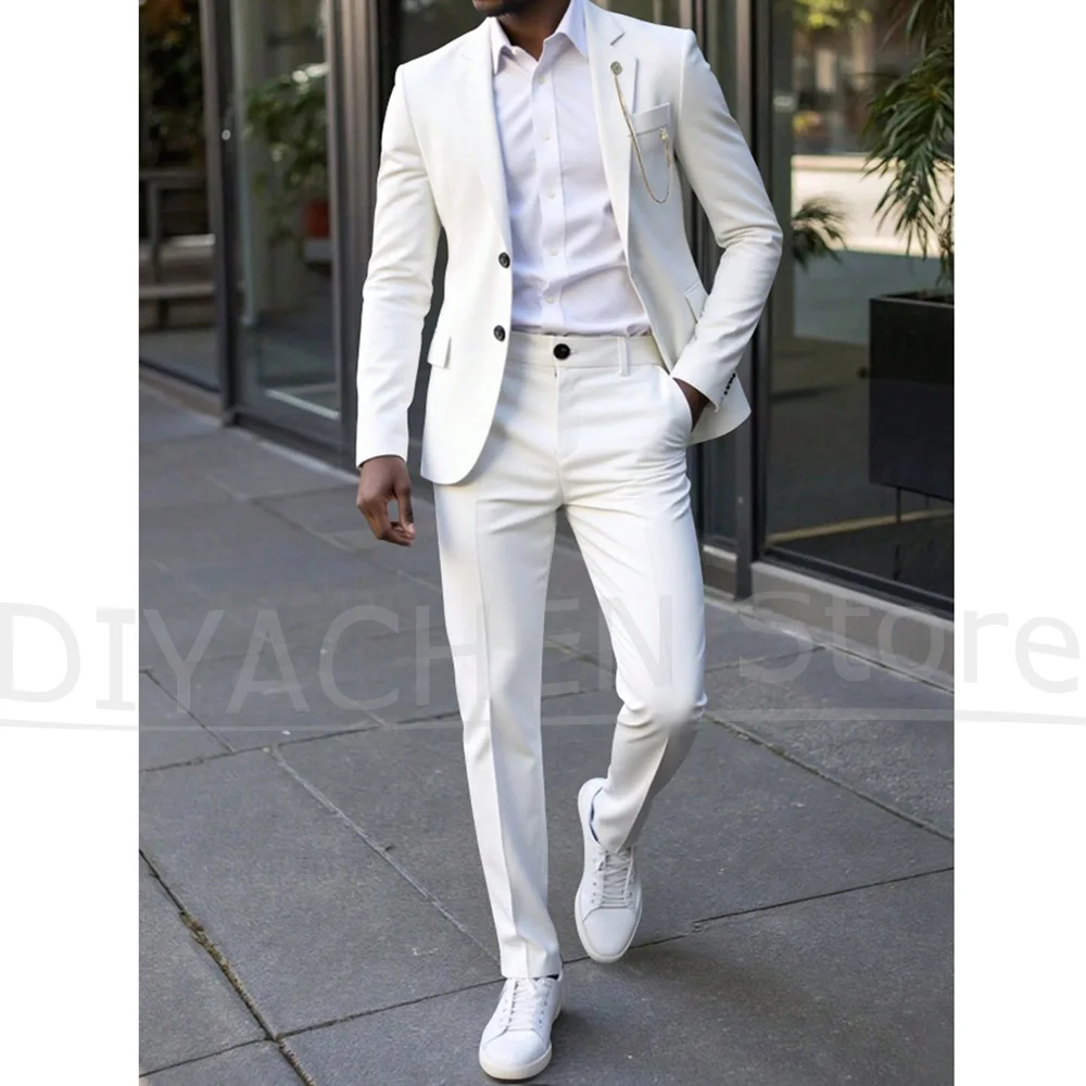 White Men 2 Piece Suits Slim Fit Blazer Trousers Set Wedding Party Prom Business Daily Formal Wear Jacket Pants For Male Suit