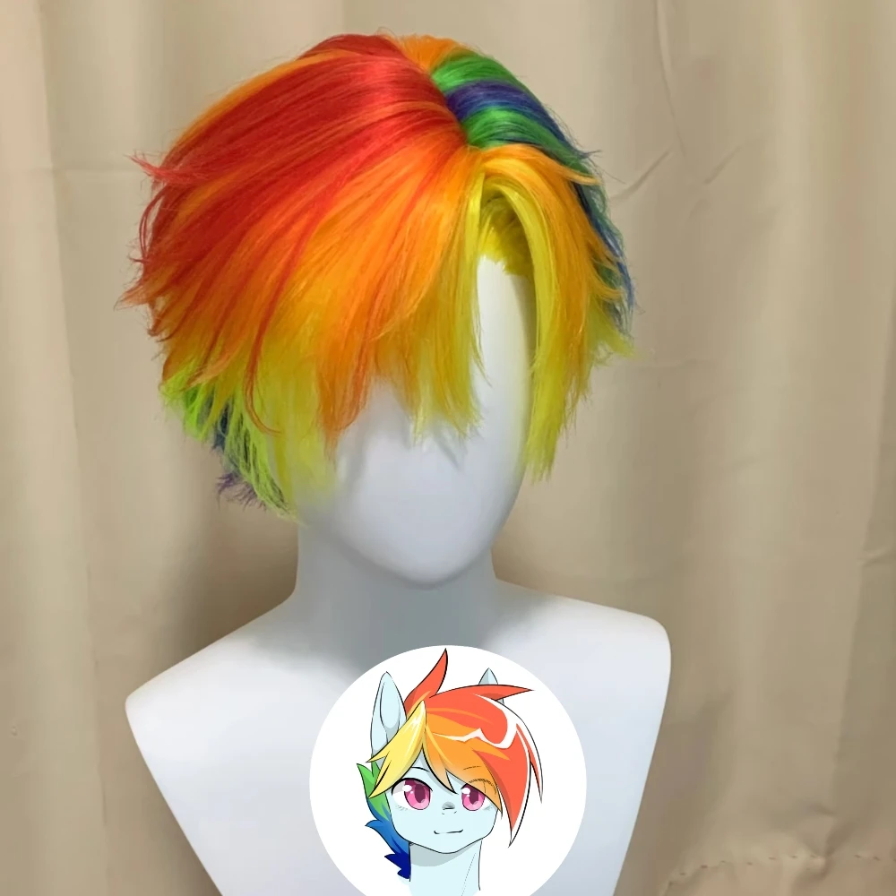 Anime Rainbow Dash Cosplay Wig Colorful Short Hair Simulated Scalp Top Rose Net Heat Resistant Synthetic Fiber Halloween Wig