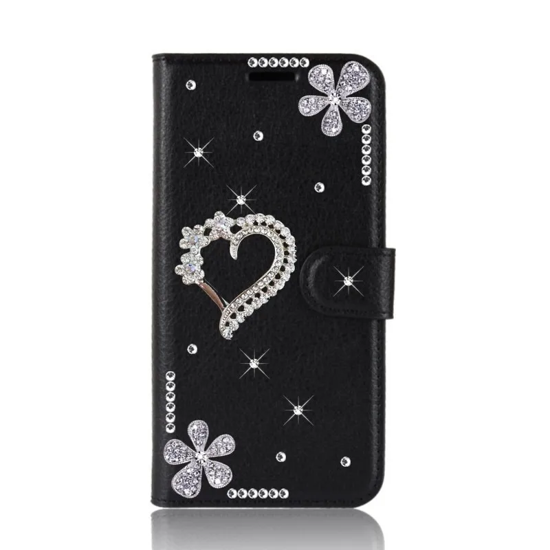 Bling Diamond Rhinestone Flower Case for iPhone 11 12 13 14 15 16 Pro Max XR XS 7 Case Black Leather Magnetic Flip Wallet Cover