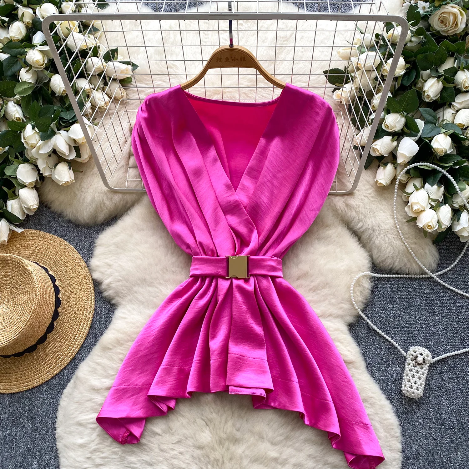 

Vintage Elegant sleeveless satin slim Blouse Fashion Shirt Casual Chic Top Fairy Summer Women Shirt