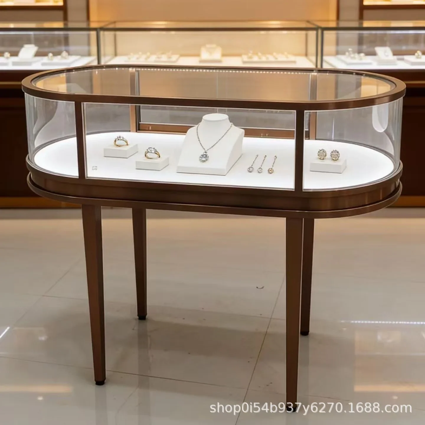 Light luxury oval jewelry display case, yellow gold glass display case, jewelry necklace ring boutique display case with light