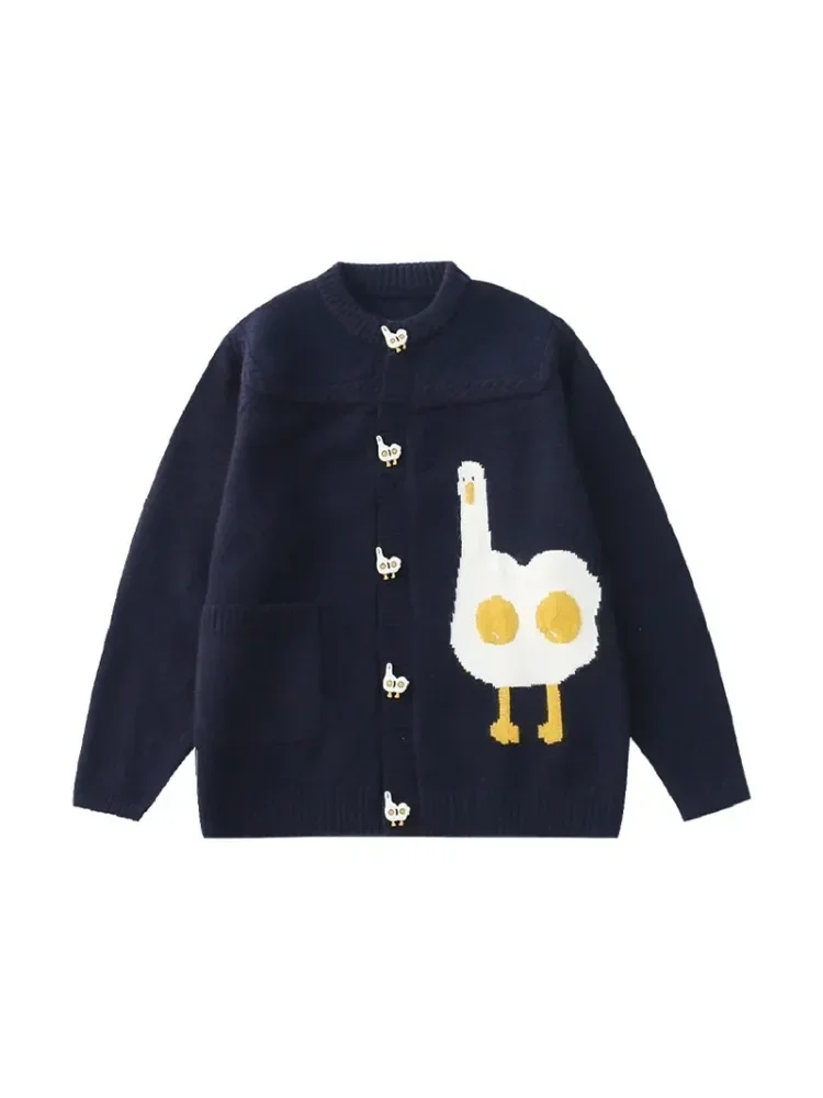 

High Quality Harajuku Knitted Cardigan for Women Loose Thick Sweater Dark Blue Coat Original Niche Goose Lady's Outwear