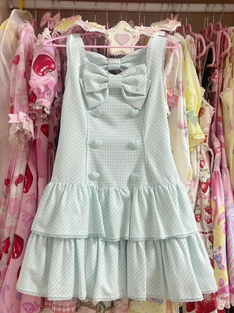 Japońska krata słodkie słodkie sukienki Harajuku Mini Love Button bez rękawów Vestidos Y2k estetyczne kobiety potargane plisowana sukienka wróżki