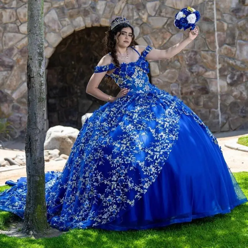 Vestido inchado fora do ombro para princesa Quinceanera, vestido floral 3D, espartilho com cordões lantejoulas, azul real, 15 anos, 2024