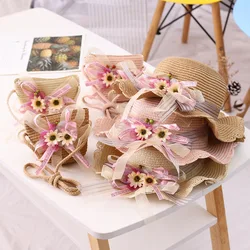 Fashion Summe Girl kids Cute Straw Hat +Handbag Sets Child Baby Outdoor Holiday Beach Hat Bags Set Flower Sun Cap Panama