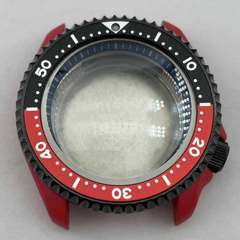 Jam tangan modifikasi bagian 42.3mm dilapisi keramik merah kaca safir aluminium Bezel SKX007/009 casing jam cocok untuk NH35/36 gerakan