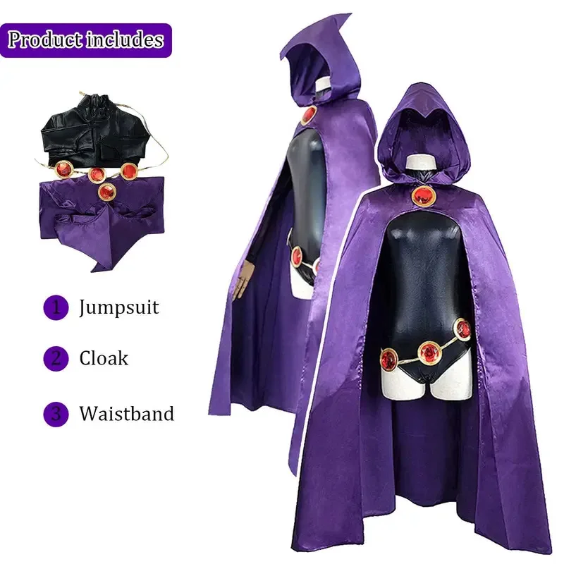 Disfraz de CyCafele TeenTitans-Raven, mono de lujo con cinturón y capa morada, uniforme de Halloween, accesorios de disfraz para mujer
