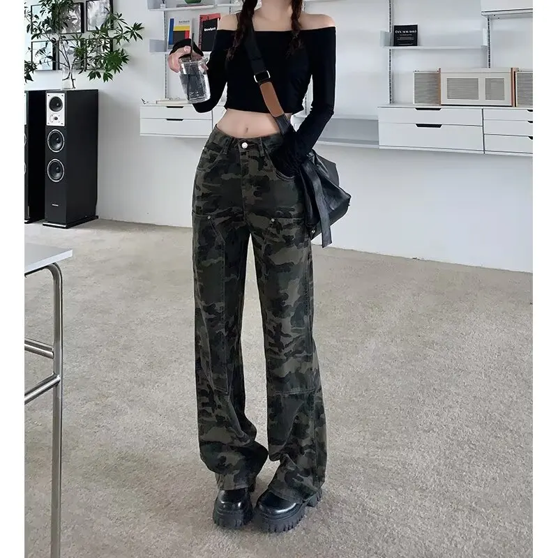 Camouflage Cargo กางเกงสําหรับทํางานสตรีกางเกง High Street กางเกงเอวสูงกางเกงขาตรงกางเกงตรง Harajuku