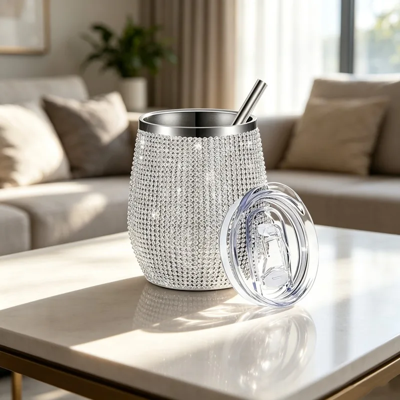 Gold Rhinestone Insulated Wine Tumbler with Lid Straw, Sparkly Diamond Stainless Steel Glitter Cup for Party Wedding Women Gift