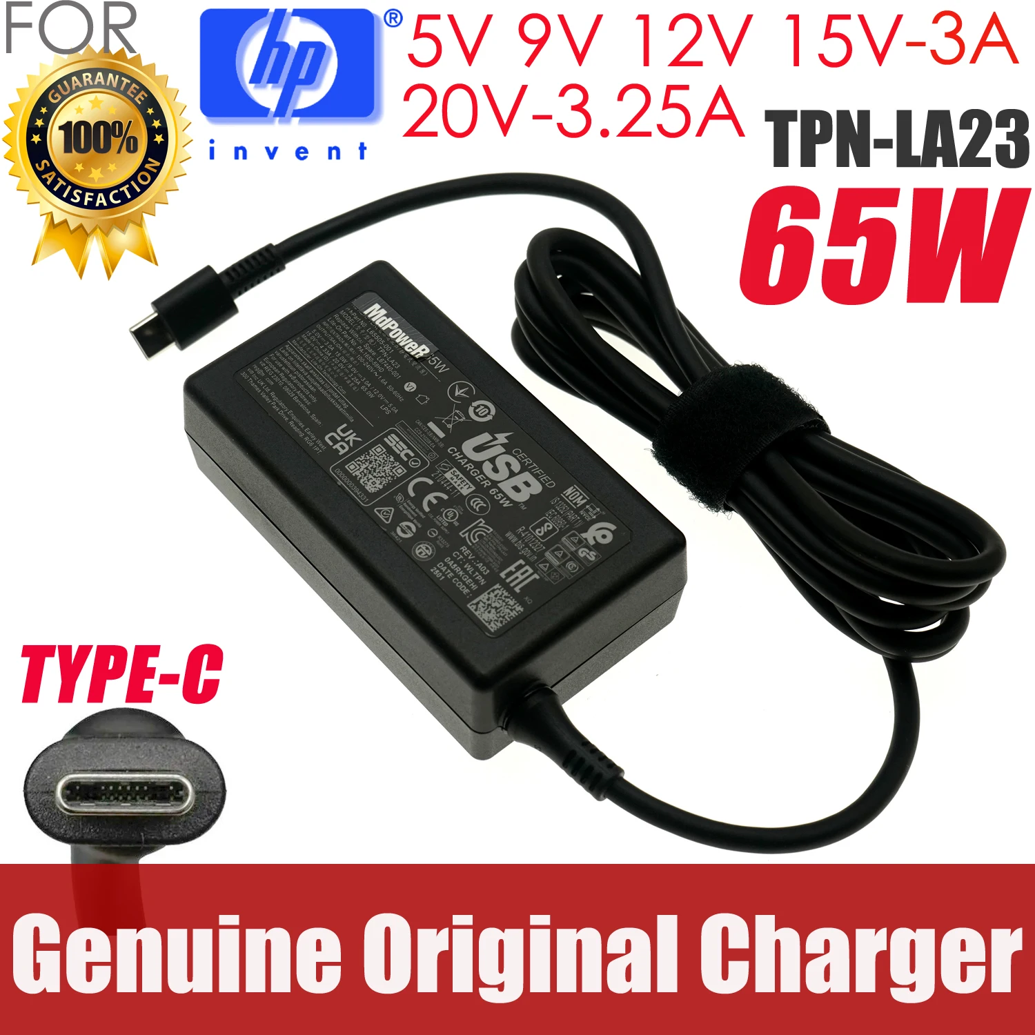 

Genuine 65W AC Adapter Charger For HP TPN-DA20 TPN-LA23 TPN-HA01 TPN-CA21 L67440-001 L65505-002 L65505-008 20V 3.25A USB Type C