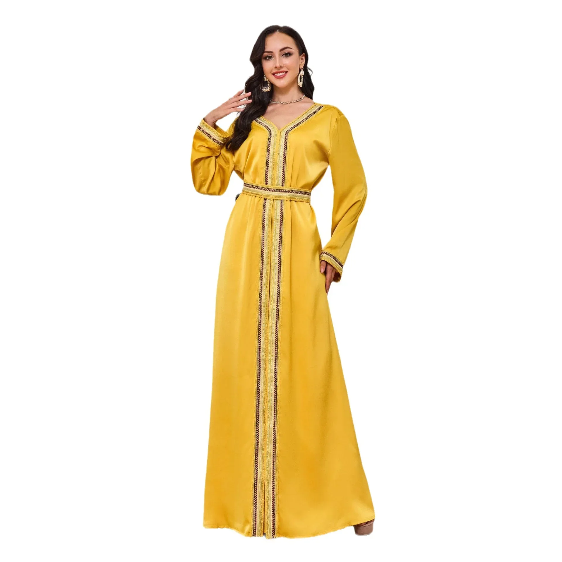 Robe musulmane à manches longues pour femmes, caftan marocain, cardigan islamique, abaya de Dubaï, robe de soirée fendue, jaune, arabe