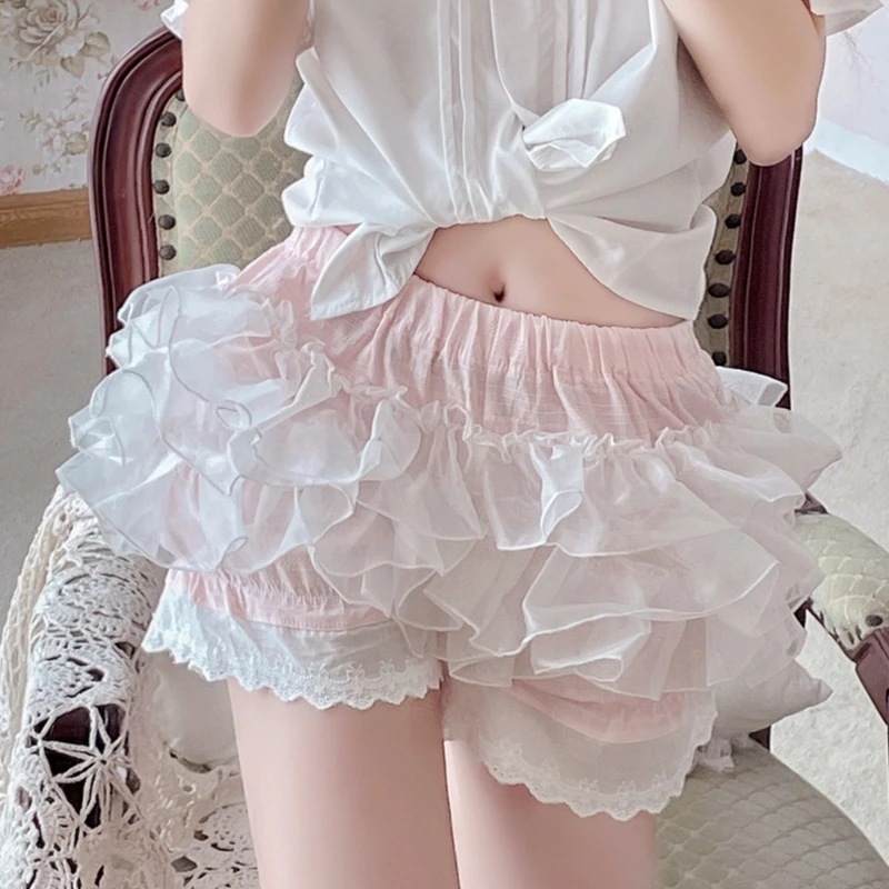 

Elegant Lace Trim Pumpkin Shorts with Elastic Waist for Womens Girls Cosplay Tiered Ruffled Bloomers Pants Underpants