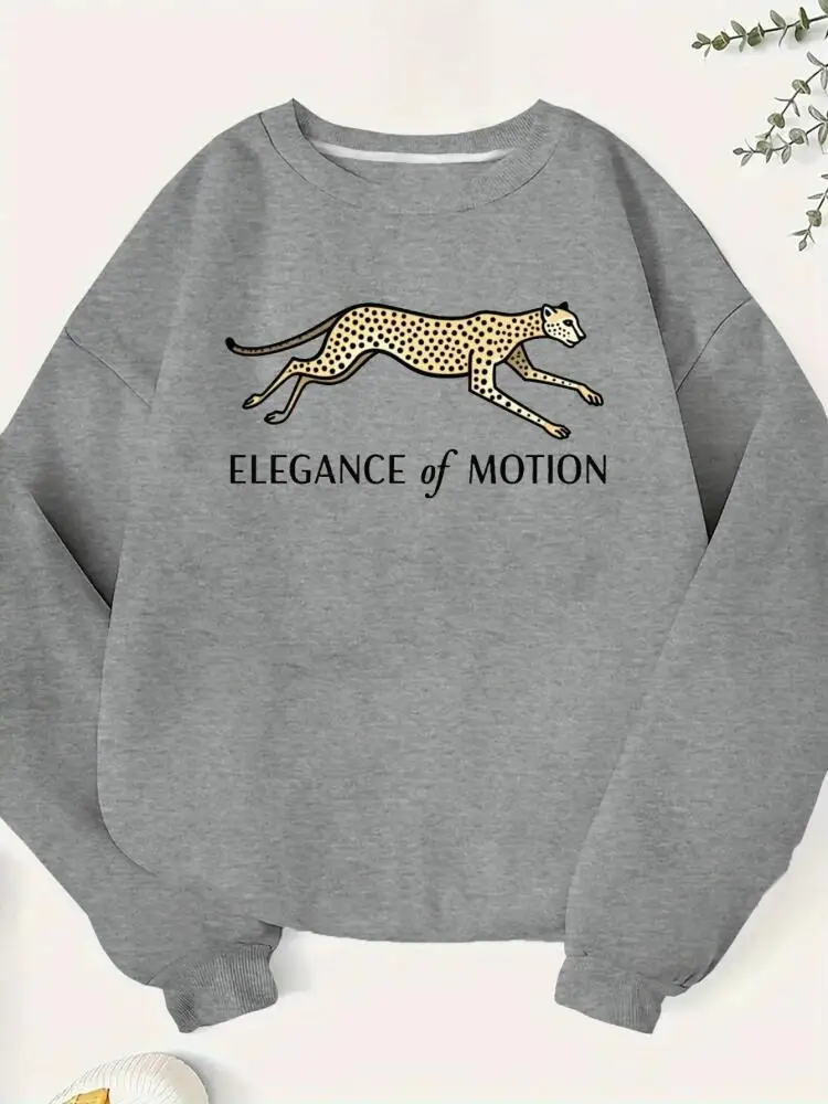 Cheetah Elegance of Motion Women's Plus Size Casual Sweatshirt - Heather Gray with Cheetah Graphic & Geometric Print, Relaxed