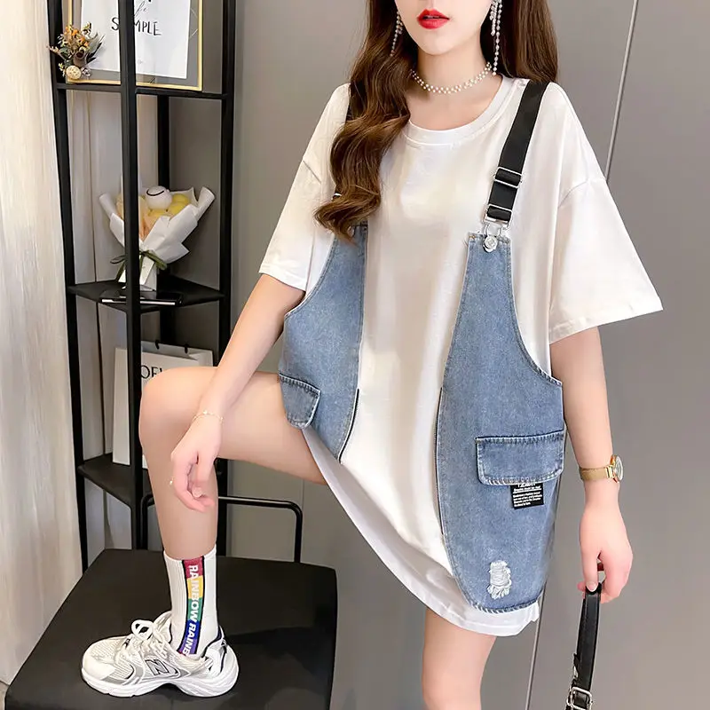 Fake Two Pieces Patchwork Pullovers Casual Loose Women\'s Clothing O-Neck All-match Summer Short Sleeve Korean Fashion T-shirt