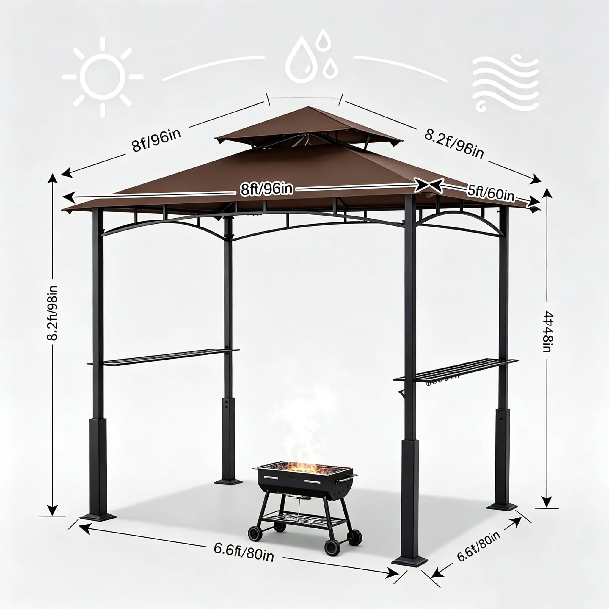 8x5 ft Grill Gazebo BBQ Canopy, Heavy-Duty Steel Frame Outdoor Grill Shelter, Double-Tier Ventilated Roof, Patio Tent for Backyard/Deck/Garden, for Grilling Parties & Picnics