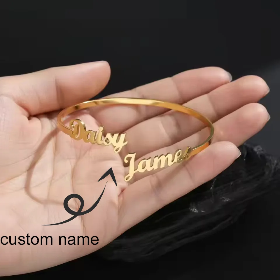 

Customized Name Women's Bracelet Stainless Steel Open Bangle Personalized Double Names Couple 18K Gold Plated Bracelet Jewelry