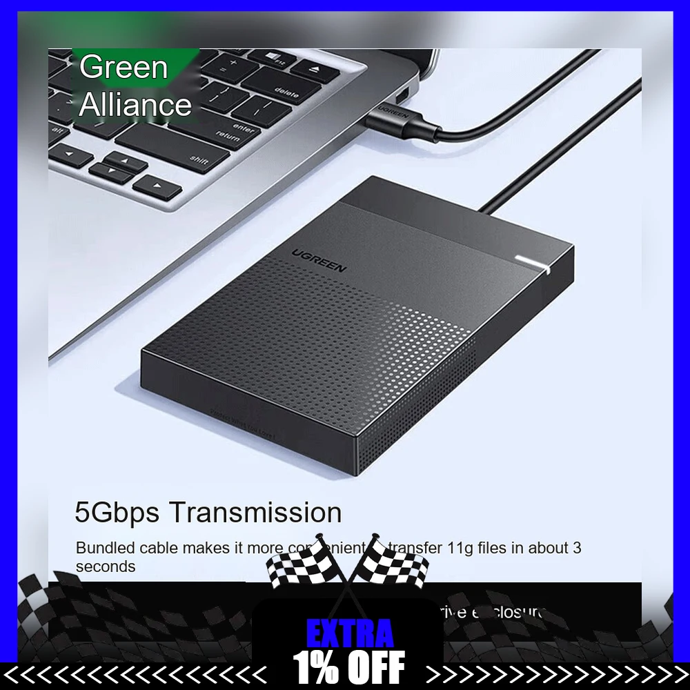 UGREEN 30719 CM471 2.5 Inch SATA HDD Enclosure USB 3.0 Built-in Cable 5Gbps External Hard Drive Case