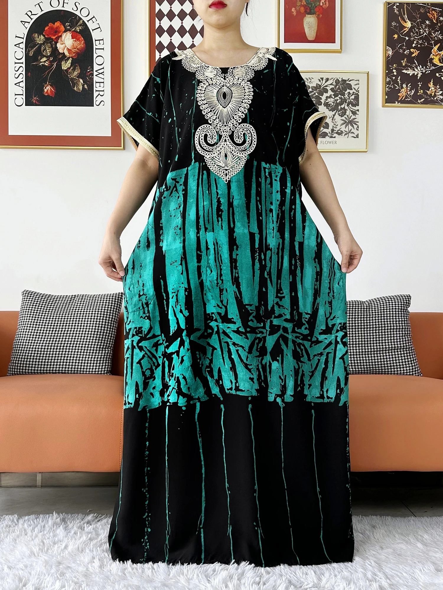 New Summer Short Sleeve Abaya Embroidery Printed Women Loose Maxi Robe Floral Femme Musulmane African Printing Floral Abaya