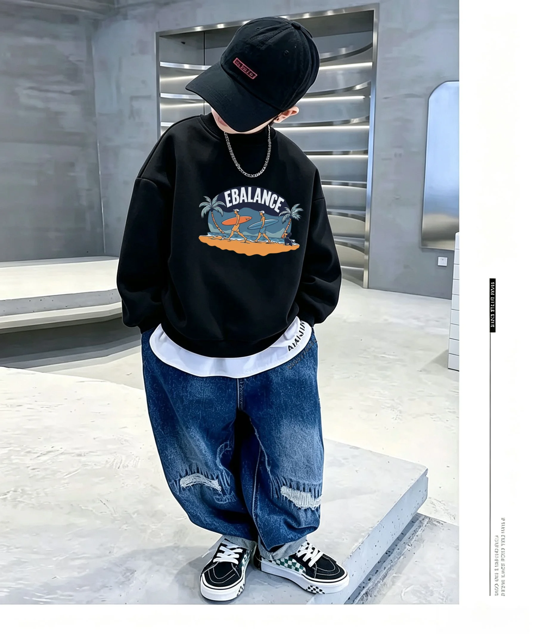 Autumn Winter EBALANCE Beach Surfer Palm Tree Front Print Boys Girls Long Sleeve Pullover Tops Children Streetwear Warm Sweater