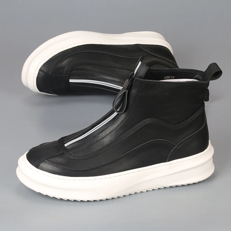 

British men's platform increase white high top layer cowhide casual leather cake small white shoes