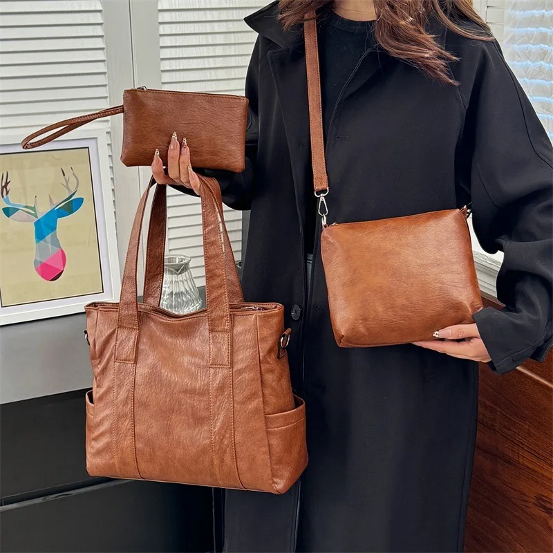 Tas Besar Kasual Set Tiga Potong Tas Bahu Wanita Modis Tas Tote Kapasitas Besar Tas Tangan Kulit PU Lembut Tas Ketiak