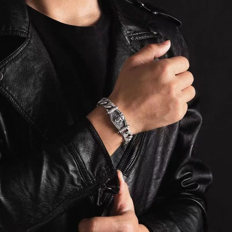 Vintage Engraved Wolf Head Bracelet for Men, Bold Thick Wide Wristband, Unique Trendy Gift for Boyfriend