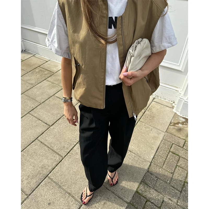 YENKYE – gilet solide à la mode et polyvalent pour femmes, col rond, sans manches, fermeture éclair sur le devant, manteau ample décontracté, vêtements d'extérieur d'automne