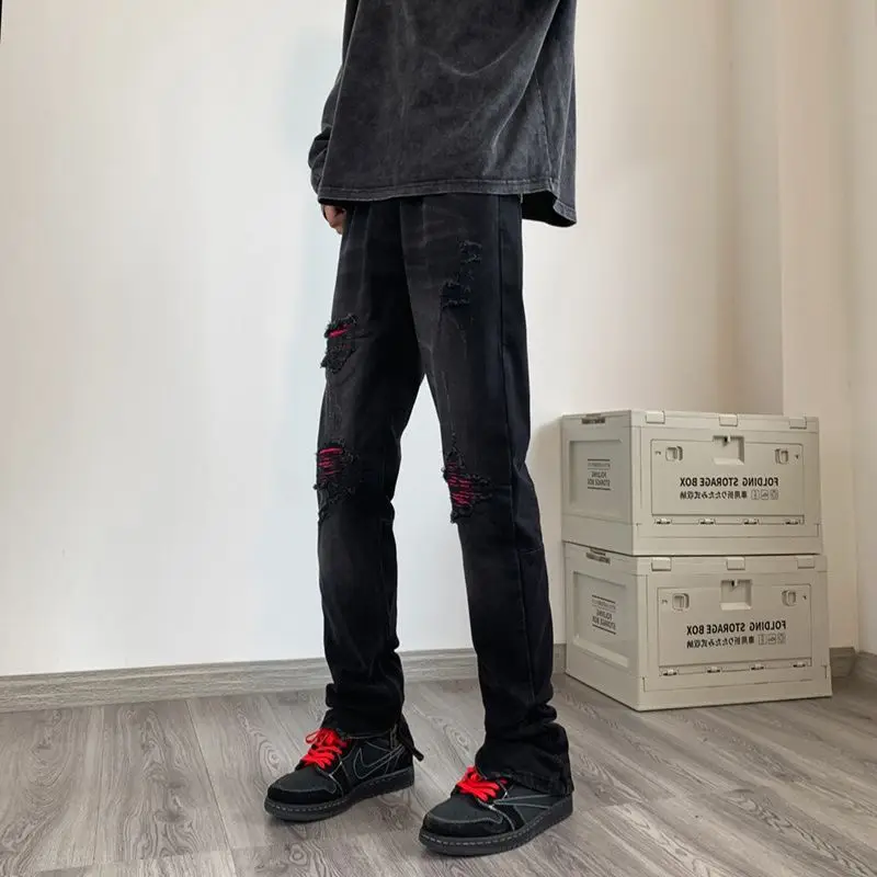High-end 2026 Luxury Man Clothes Trendy High Street Retro Washed Ripped Patch Jeans Men's Slim Trendy Long Pants