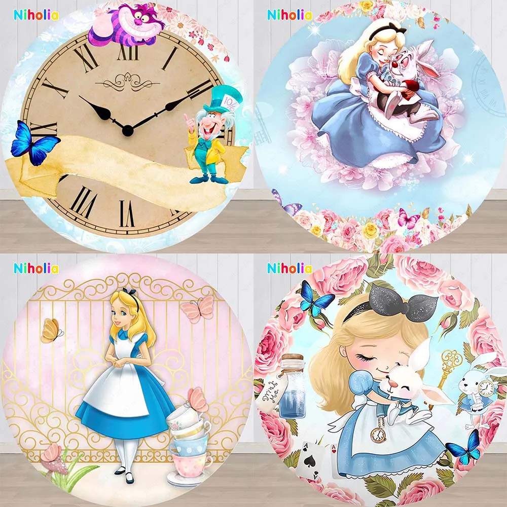 Alice in Wonderland Round Backdrop Cover Kids Birthday Decoration Party Photo Photography Background Baby Shower Studio Prop