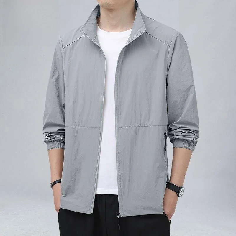 ملابس بيير كاردان للرجال من الحرير الجليدي للحماية من الشمس وياقة واقفة، ملابس خارجية غير رسمية، سحاب صيفي رقيق مزين