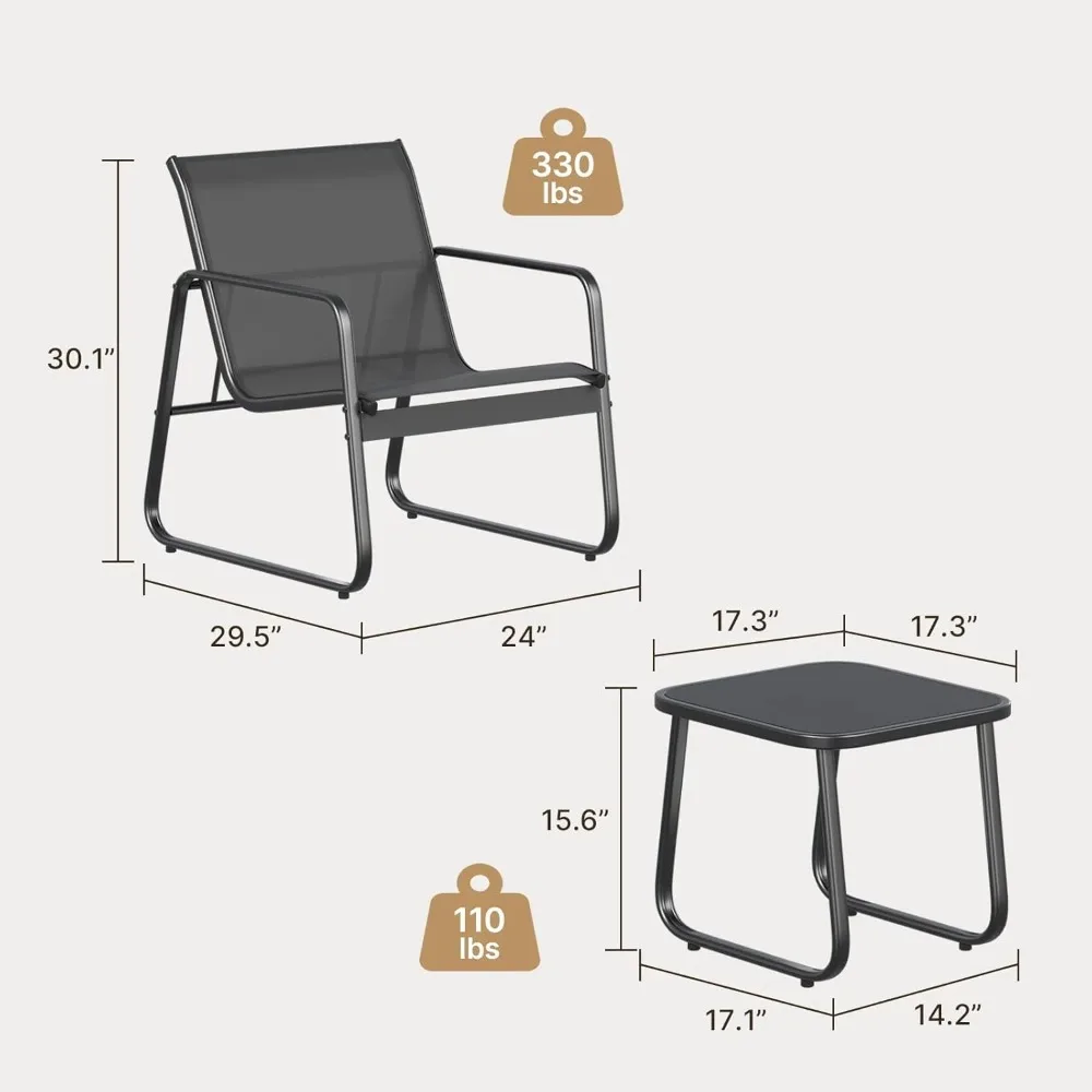 Patio Chairs 2 Piece Set, Patio Furniture Set with Metal Frame Glass Table for Balcony, Lawn, Black image 2