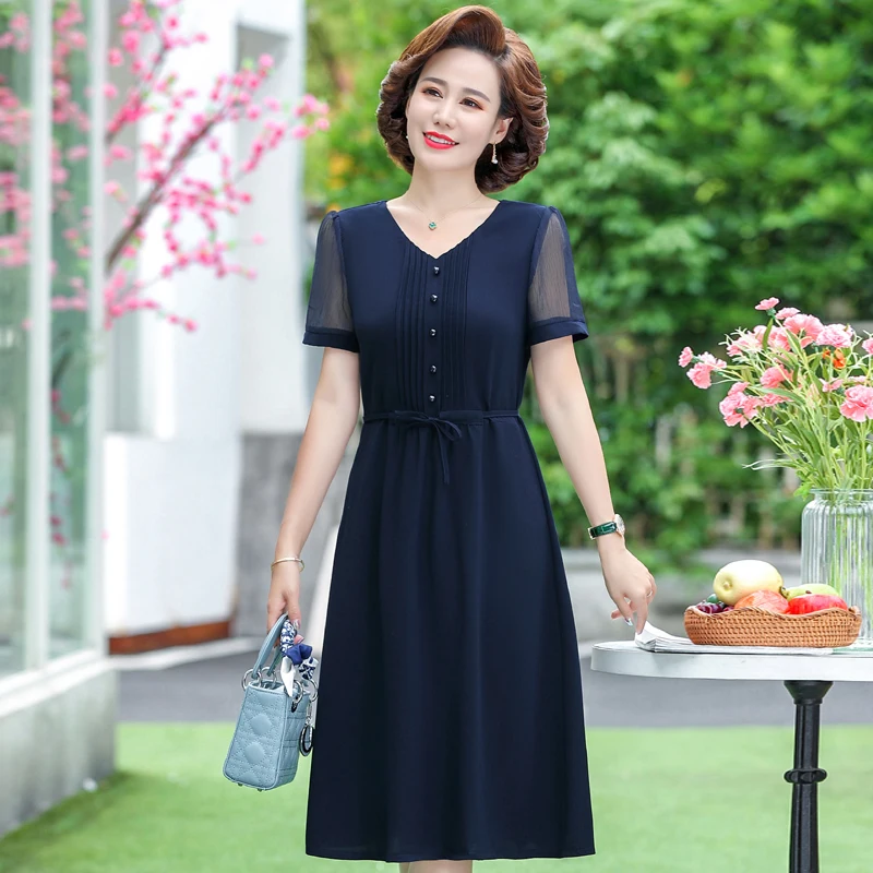 

Casual Women's Chiffon Dress Summer 2023 New Short Sleeve Elegant Midi Dress Women Solid Color Vintage Summer Sundress Black Red