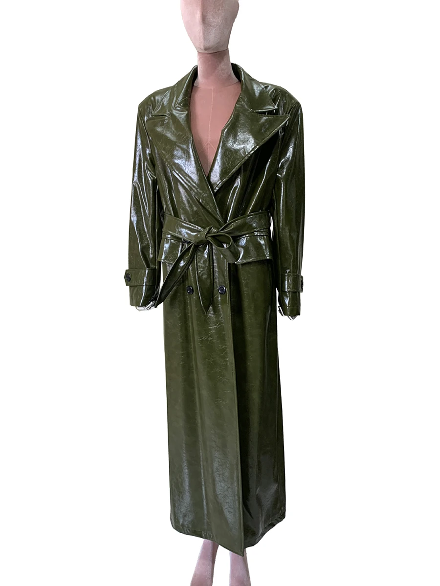 Spring Autumn Loose Luxury Extra Long Shiny Patent Leather Trench Coat for Women Sahes Double Breasted Luxury Designer Clothes