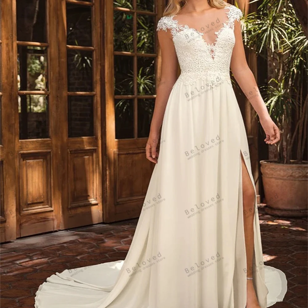 Classic Wedding Dresses A-Line Bridal Gowns Lace Appliques Sexy Robes Deep V-Neck High Slit Floor Length Vestidos De Novia 2024