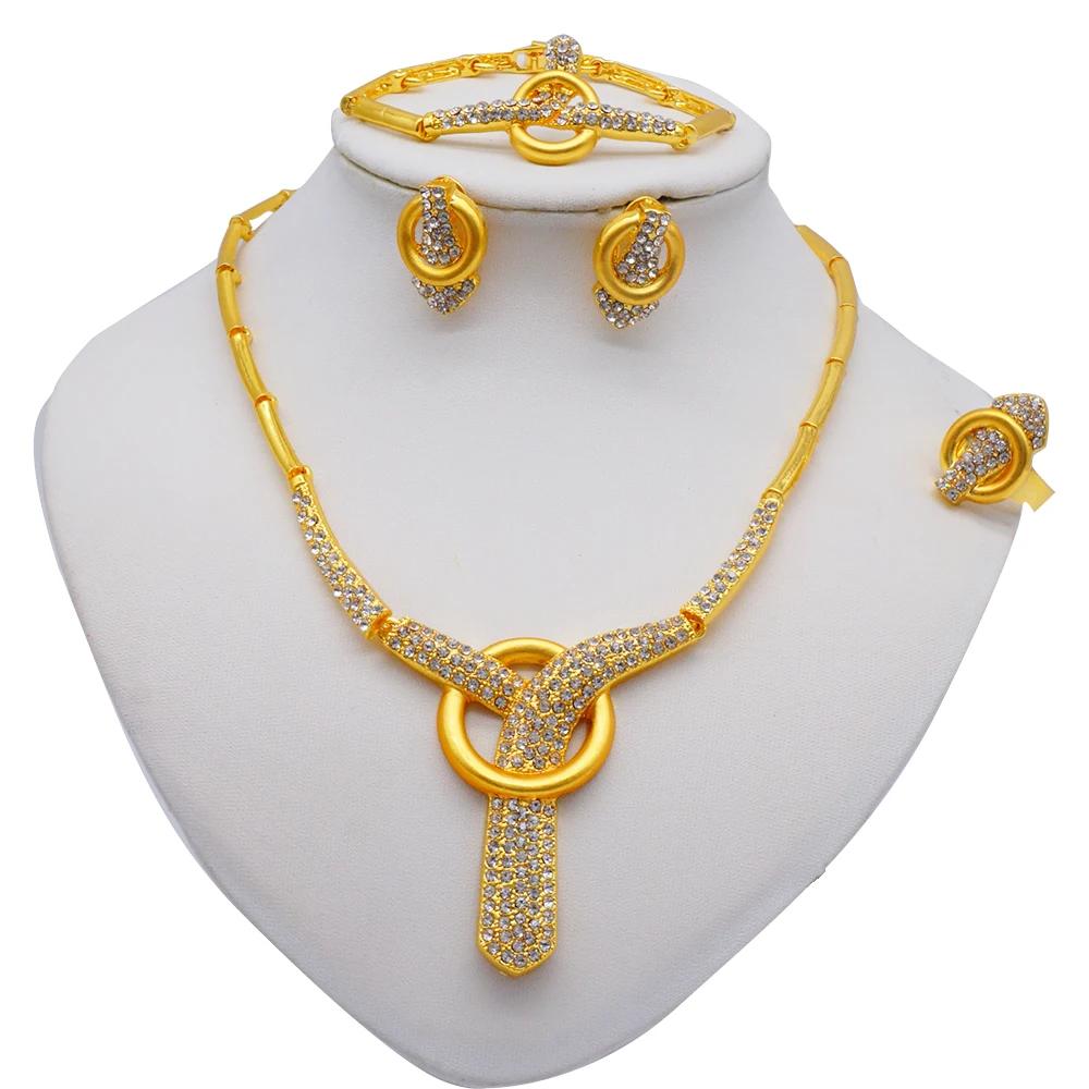 

African Gold Color Jewelry Sets For Women Dubai Bridal Wedding Gifts Choker Necklace Bracelet Earrings Ring Jewellery Set