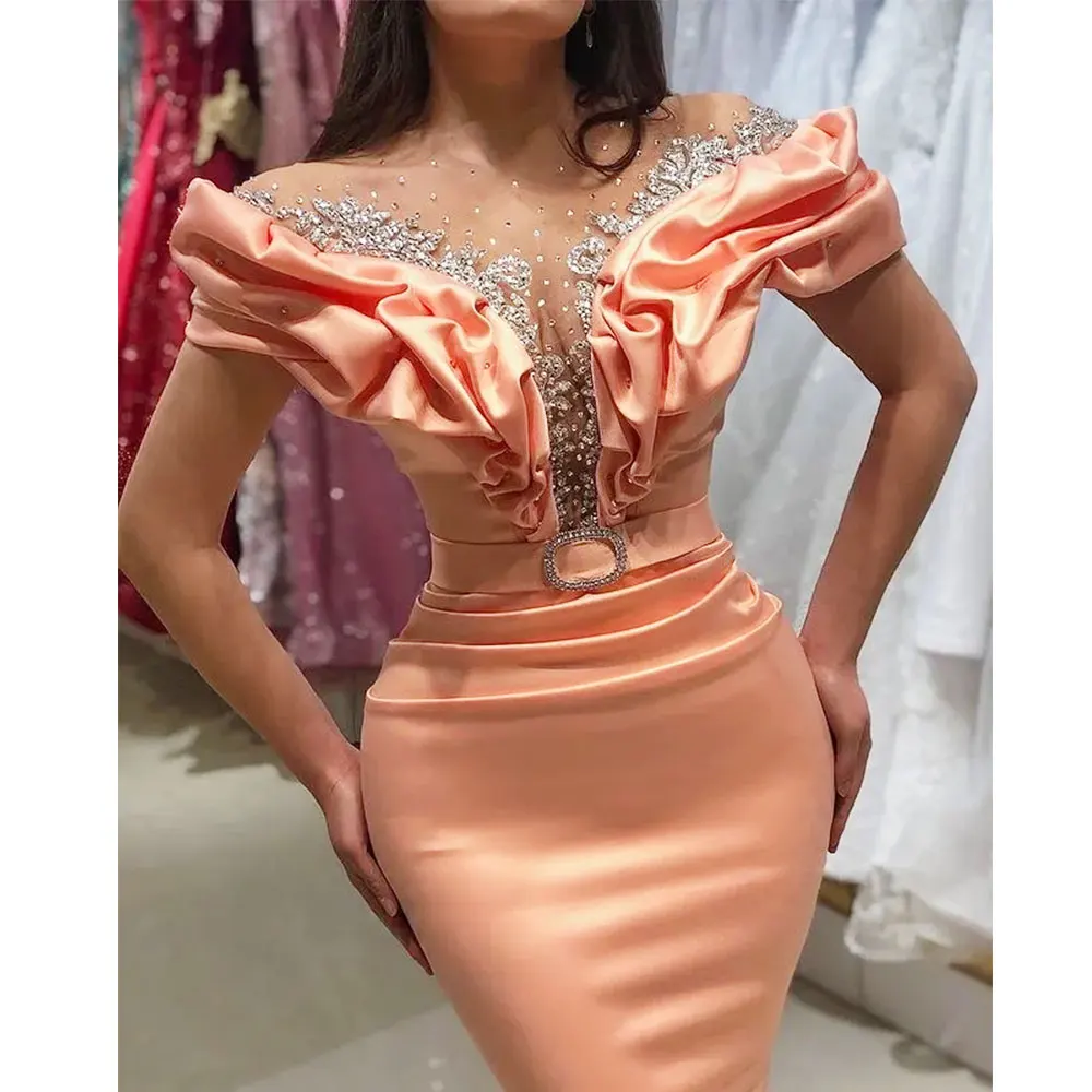 Vestidos de Noche de cuello transparente árabe para mujer, vestidos de graduación de sirena de satén con cuentas de cristales, vestidos de fiesta formales de segunda recepción para novias