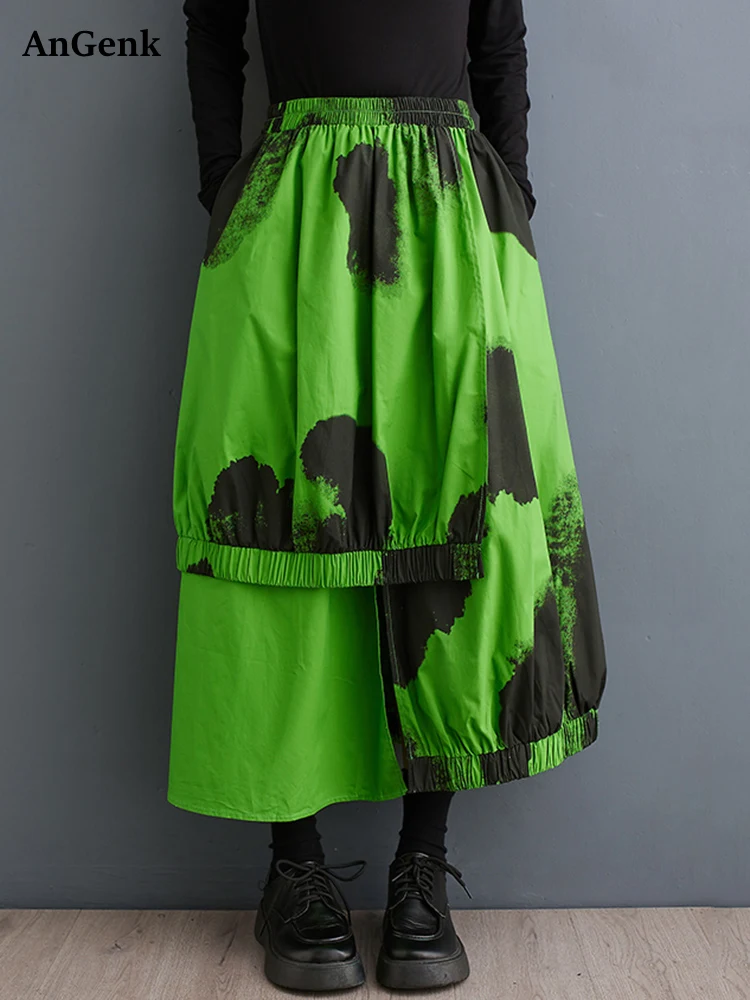 

2026 Sping Autumn New Irregular Green Vintage Print Oversized High Waist Skirt Women Loose Casual Long Skirts Fashion Clothing