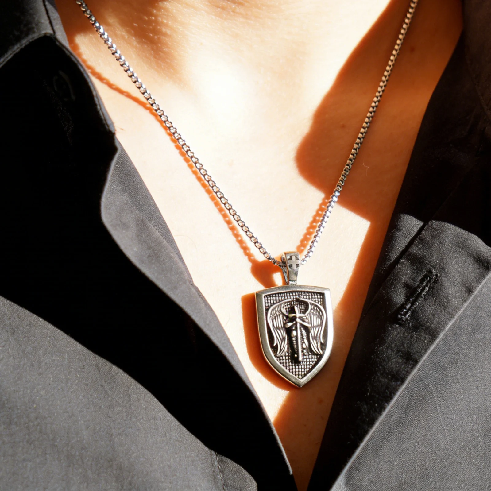 LNCHRAN Men 316L Stainless Steel Archangel Michael Sword Wing Shield Pendant Necklace Box Chain Religious Vintage Jewelry Gift