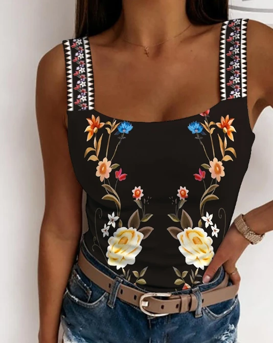 

Summer Women's Temperament Suspender Ethnic Style Printed Suspender Square Neck Suspender Sleeveless Vacation Vest Woman Clothes