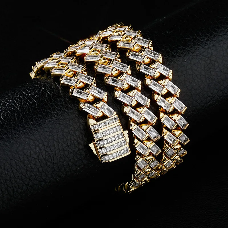 

Europe and America INS Popular 12mm Square Zircon Spring Buckle Cuban Necklace Men's and Women's Hip Hop Bracelet Jewelry