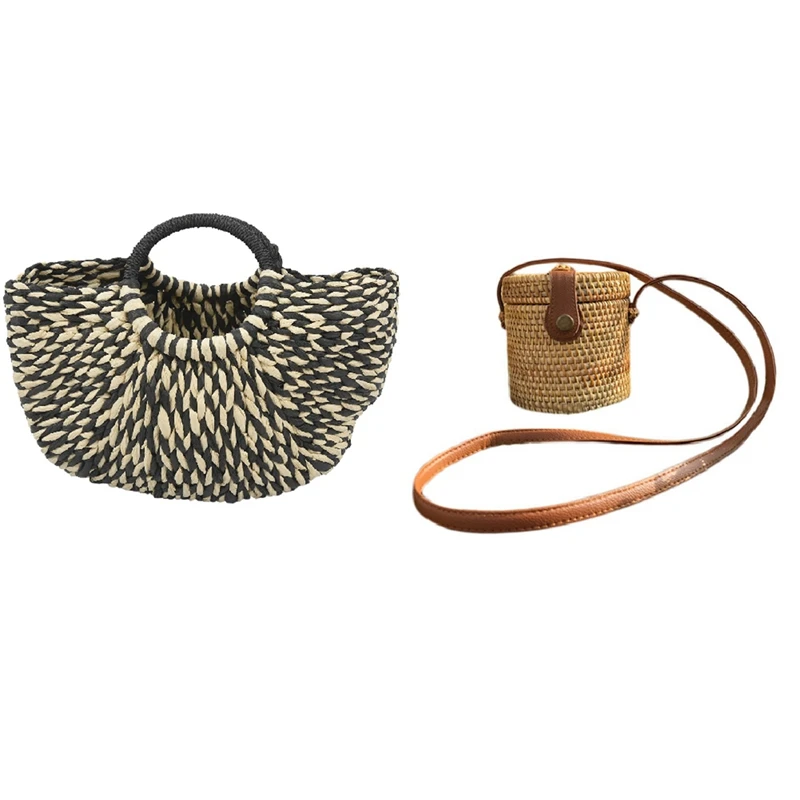 

2PCS Round Woven Bag,Hand Woven Rattan Bag With New Women Round Bucket Semicircle Straw Bag