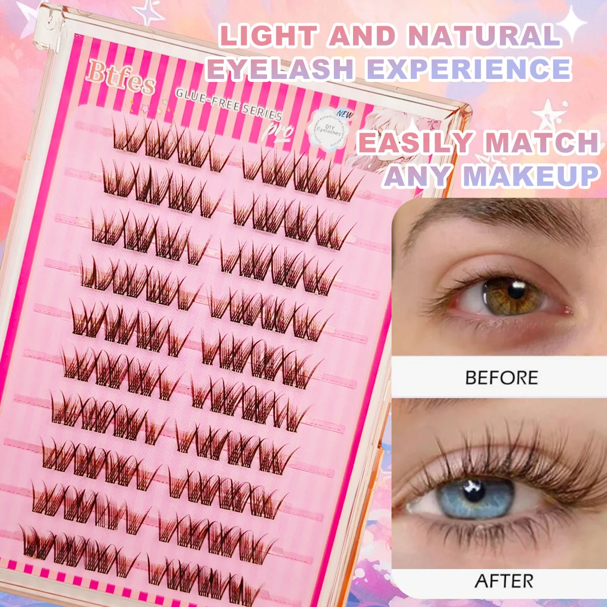 80 Stück, kein Kleber, natürliche braune Wimperncluster für Anfänger, selbstklebende Manga-Wimpernverlängerungen, einzelne Wimpern für den Alltag