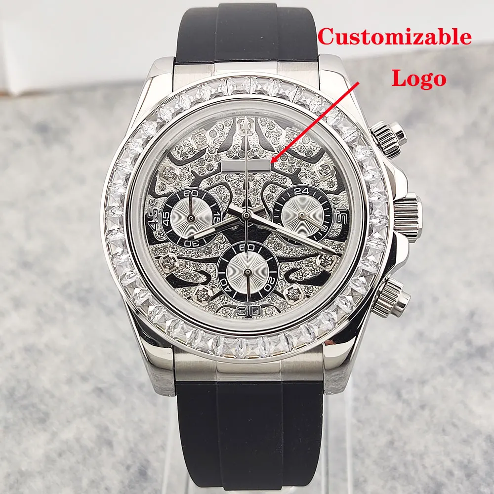 39.5mm luxury men's watch VK63 movement chronograph tiger pattern full diamond dial diamond bezel men's custom watch