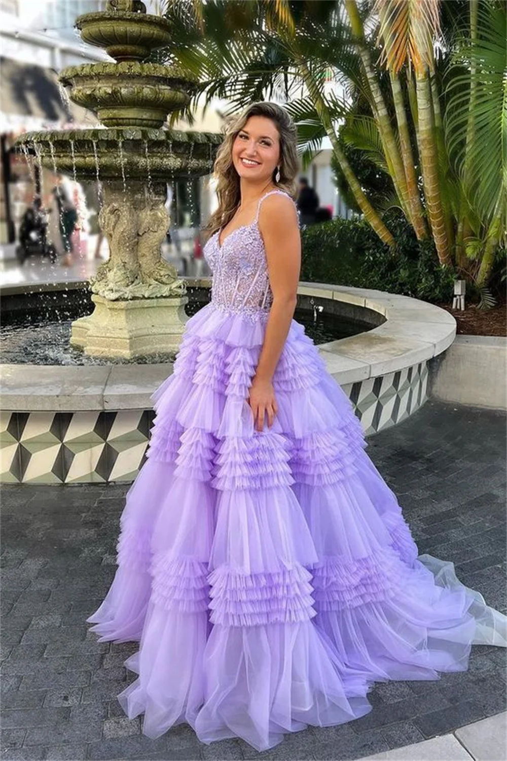 Sansa Spirit lavanda multistrato Vestidos De Noche Princess Spaghetti Strap muslimex Sweet Ball Gown abiti da ballo in pizzo