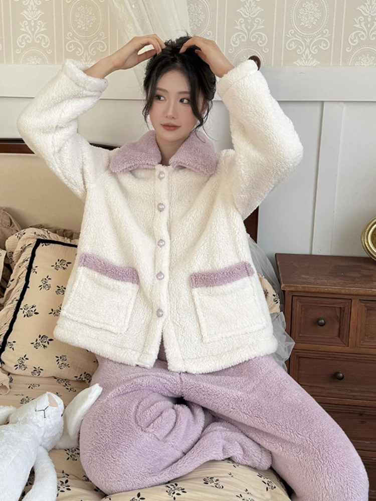 French Style New Autumn Winter Warm Pajamas Fashion Exterior Thick Double-Sided Arctic Velvet Outer-Wearing Home Clothes Women