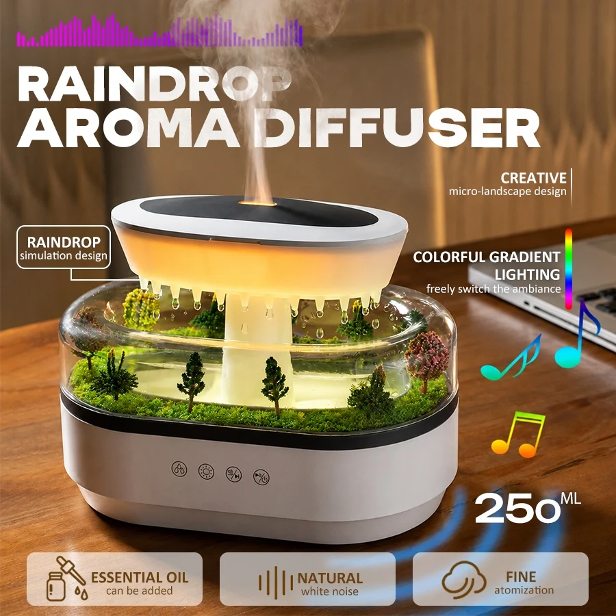 2026 New Simulated Raindrop Aromatherapy Diffuser Forest Green Landscape Essential Oil Humidifier With Natural White Noise Music